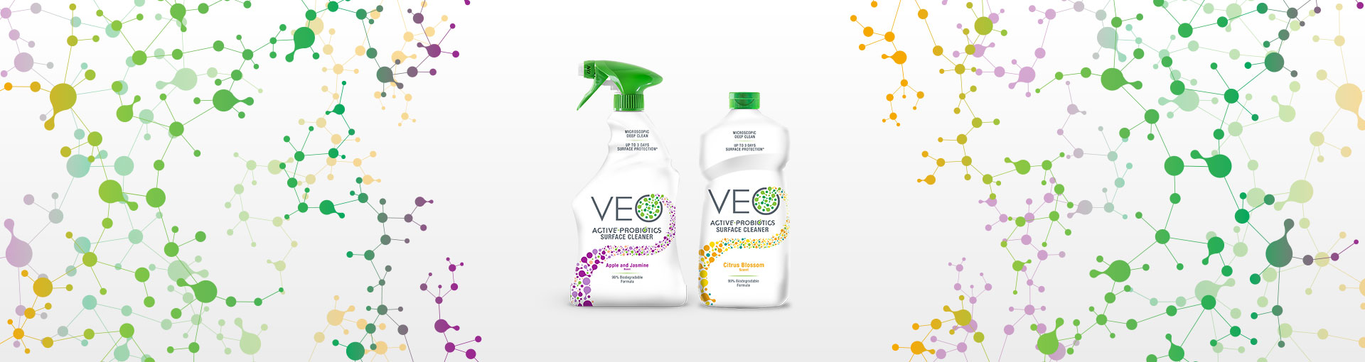 Bottles of VEO probiotic cleaners